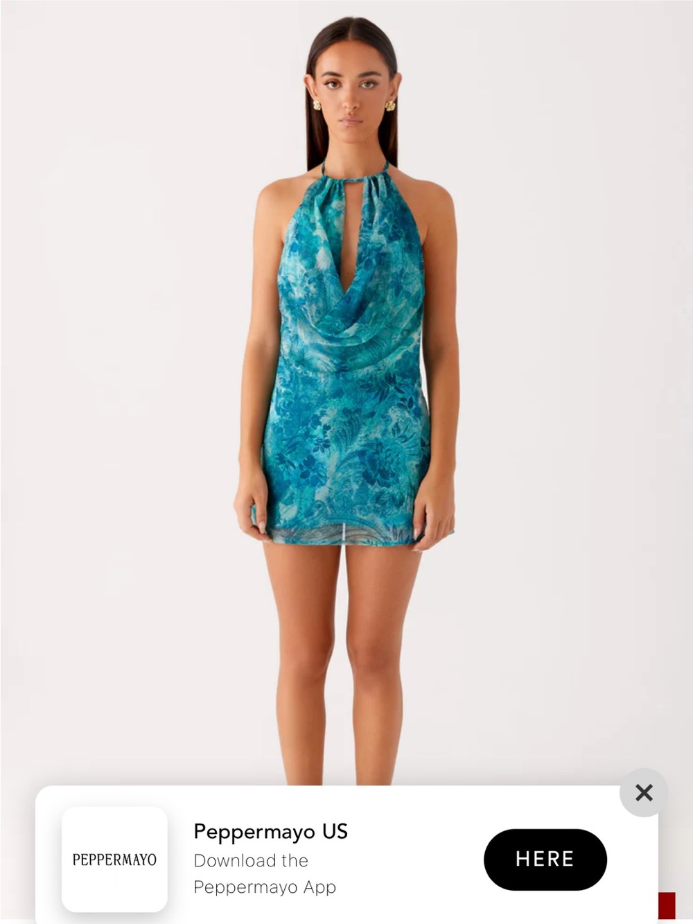 Peppermayo Ele Mini Dress - Teal Halter Mini Dress with Cowl Neck